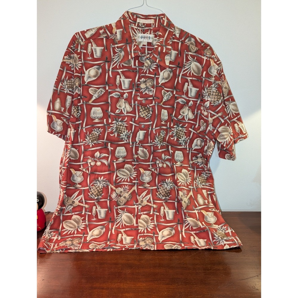 Vintage Mens XL Red Cotton Hawaiian Shirt Tropical Cocktail Ukulele Pineapple